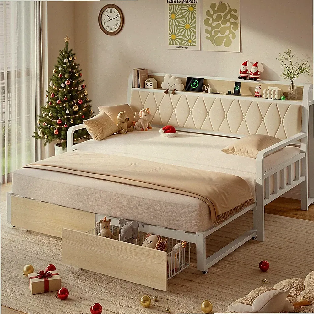 ONBRILL Twin Daybed with Trundle, Twin to King Daybed with Pop up Trundle, Metal