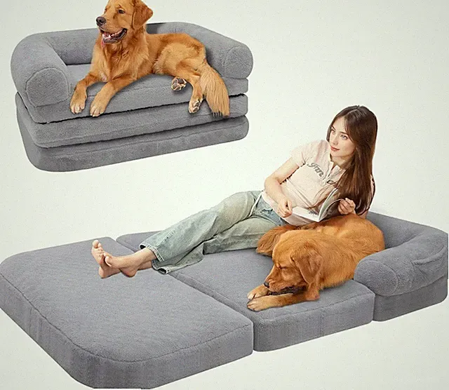 ondware Foldable Human Plush Dog Sofa Bed Mattress, 73x42x10 Trifold Gray
