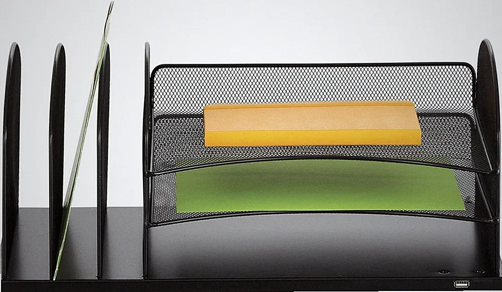 Onyx Desktop Organizer with USB Port, 3 Sections & Paper Trays, Black Steel