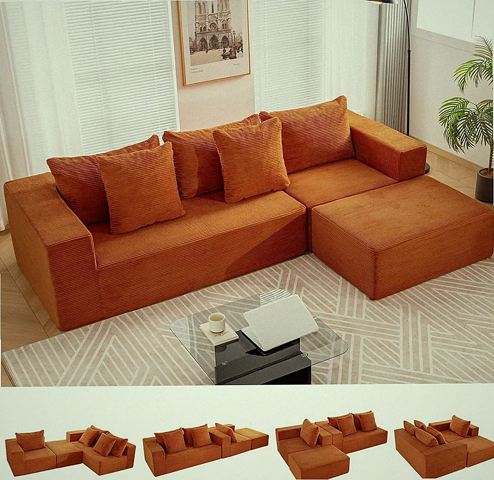 Orange 108" Modular Cloud Sectional Sofa with L-Shape Chaise & Ottoman