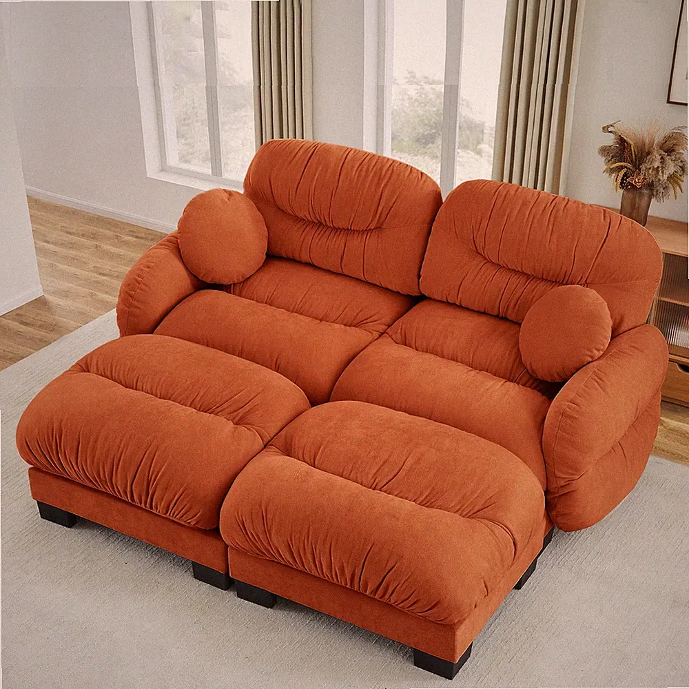 Orange Chenille 2-Seat L-Shape Sectional Sofa w/ 2 Ottomans, Pleated Design