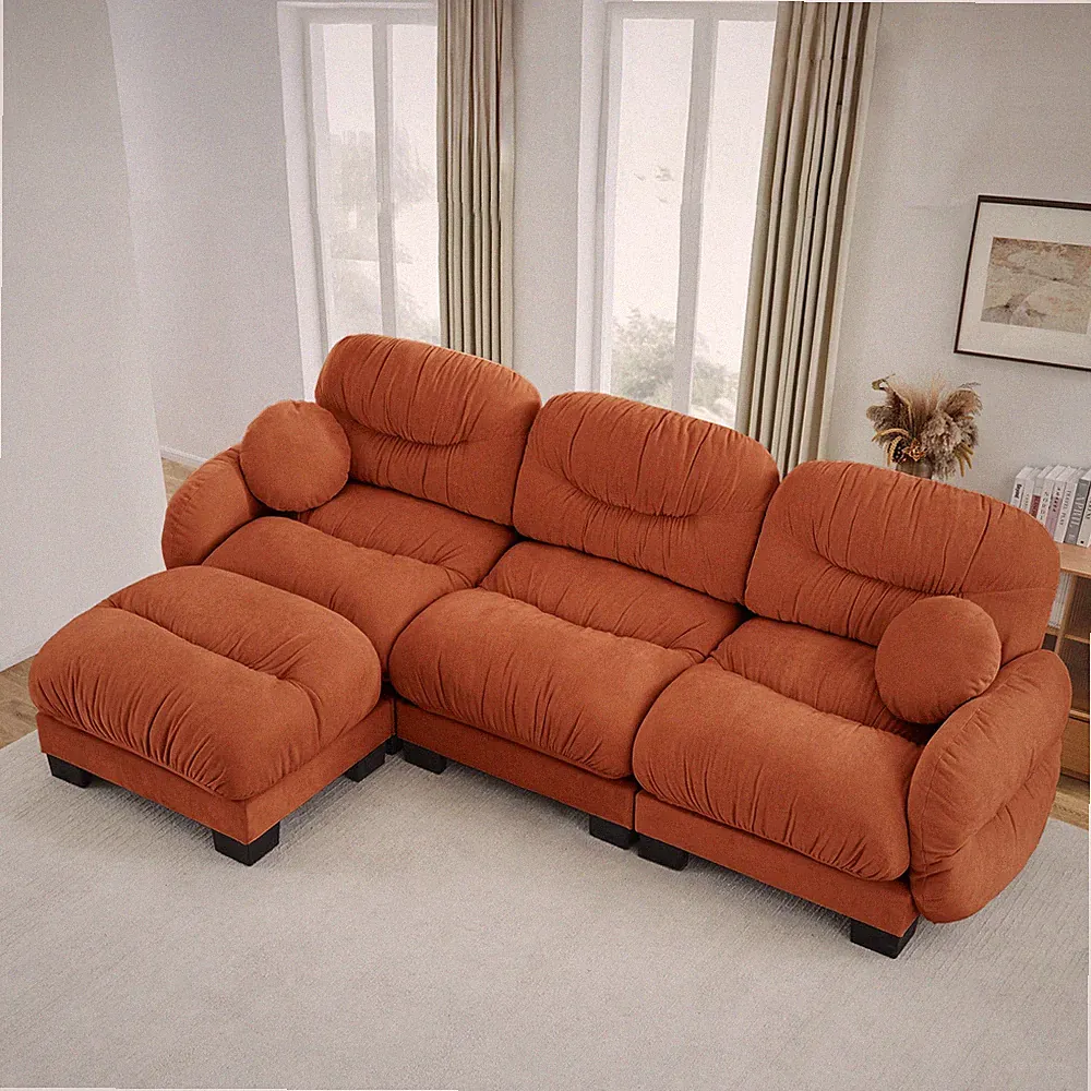 Orange Chenille Fabric L-Shape Modular Sectional Sofa with Ottoman