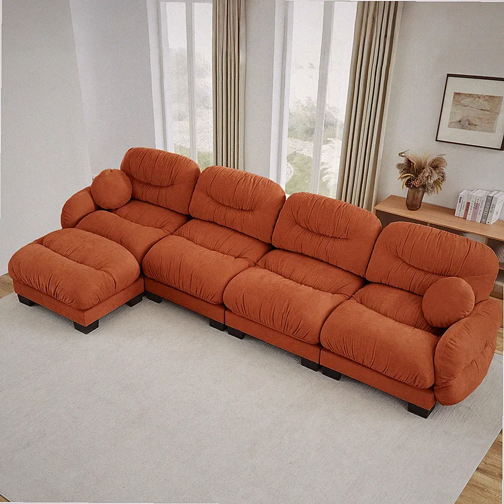 Orange Chenille Sectional Sofa L-Shape Couch w/ Ottoman & Throw Pillows, Seats 4