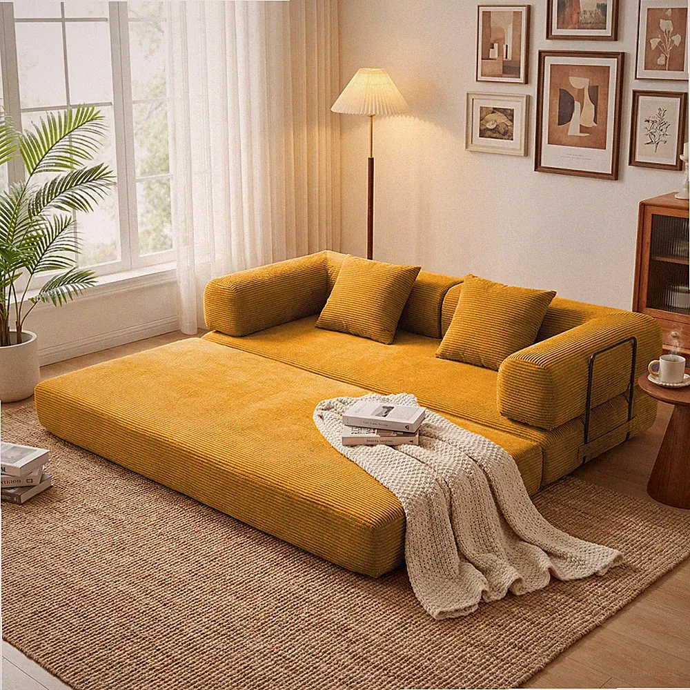 Orange Convertible Sofa Bed, 2-in-1 Foldable Futon Sofa with Removable Pillows