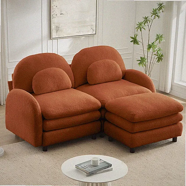 Orange Fabric Loveseat Sofa, Curved Backrest 2-Seater Sectional Couch w/ Ottoman