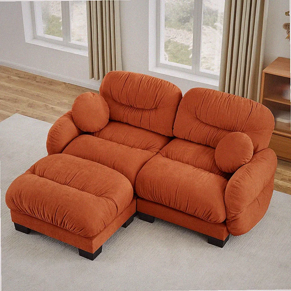 Orange L-Shape Sectional Sofa w/ Ottoman & Throw Pillows, Modular Chenille Couch