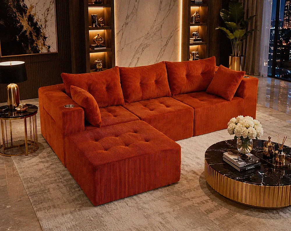 Orange L-Shaped Modular Sofa No Assembly Corduroy Sectional Couch