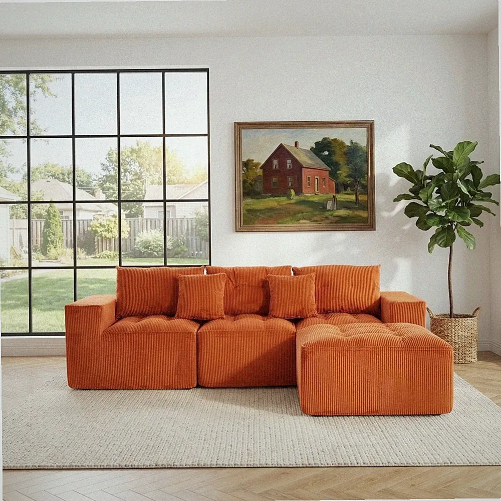 Orange L-Shaped Sectional Sofa, 3-Seater with Chaise, Corduroy Fabric
