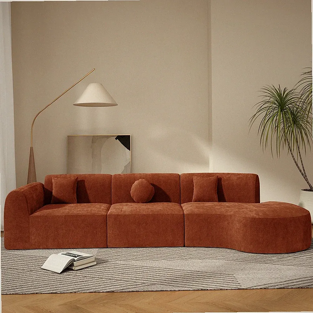 Orange Modern Curved Sectional Sofa w/ Chaise 140'' Fully Assembled 4-Seat