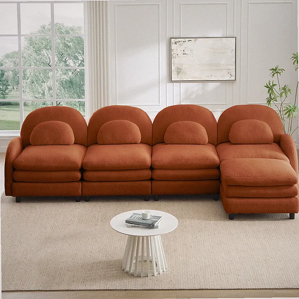 Orange Modular Sectional Sofa with Ottoman & Pillows, 4 Seater