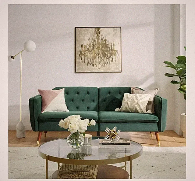 Orchard Emerald Green Road Tufted Futon Sofa adaptable Gold metal capped pegs