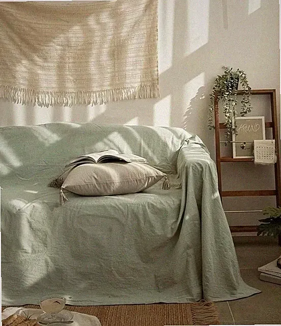 Organic Cotton Sofa Cover, Sage Green Stonewashed Couch Throw Large Coverlet
