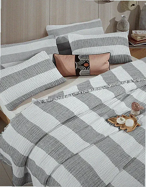 Organic Linen Gauze Throw Blanket 6 Layer Striped, Lightweight Soft Bedding