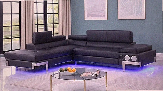 Ossett Black PU Leather Sectional with LED Lights and Bluetooth Speakers