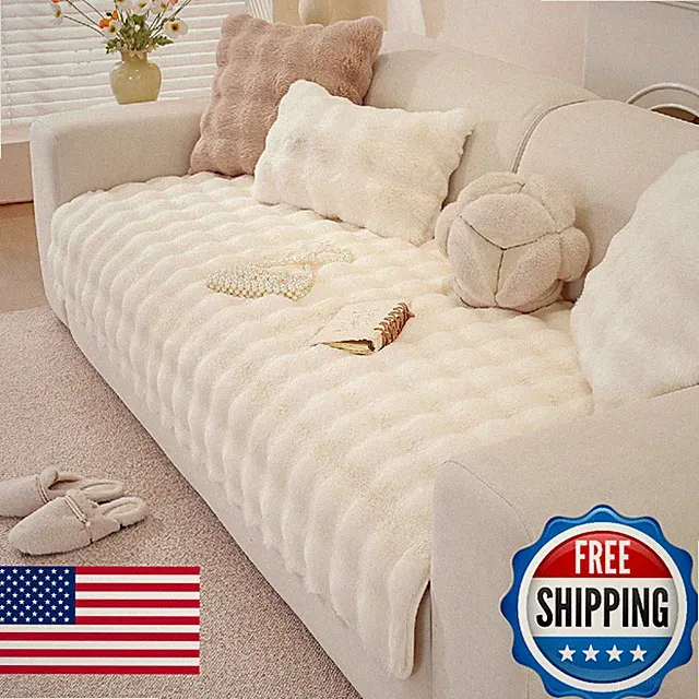 OstepDecor Faux Fur Couch Cover Soft Plush Fuzzy Bubble Sofa Protector Washable