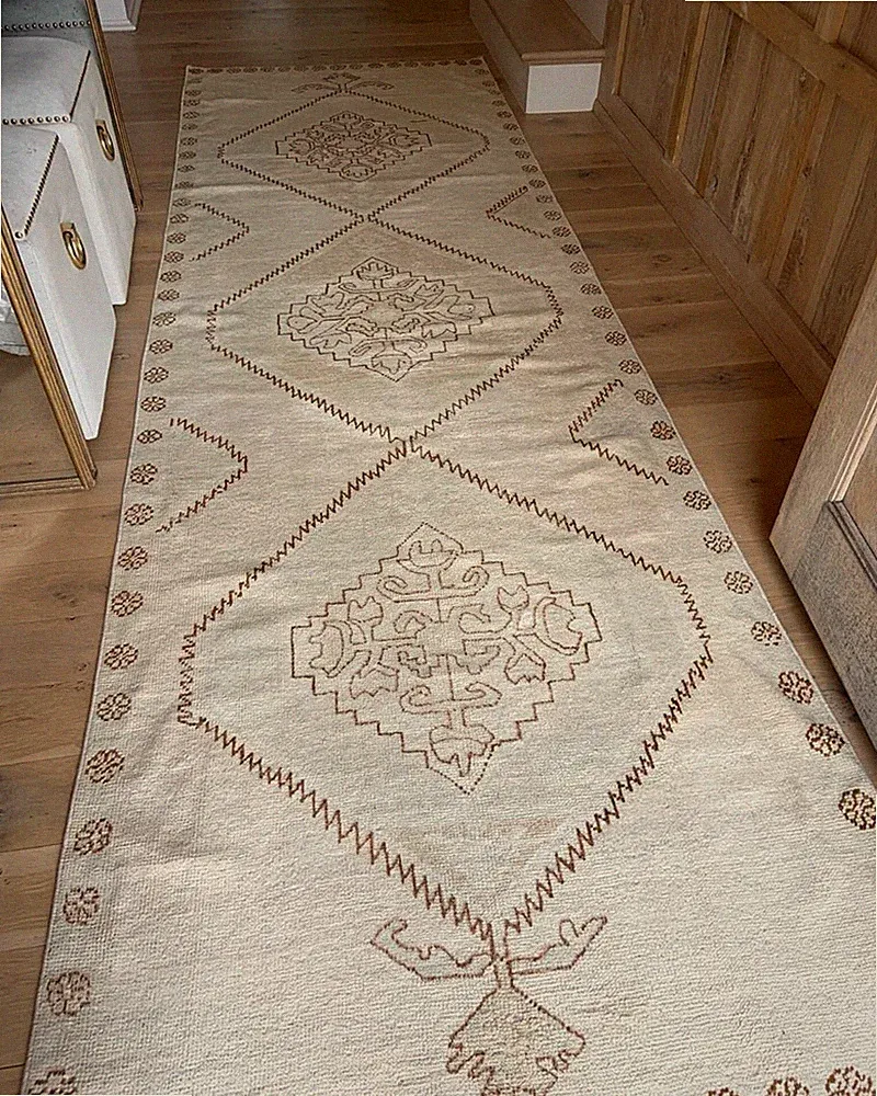 Oushak Rug, Vintage Turkish Wool Rug, Ivory Beige Brown Area Rug, Traditional3x8