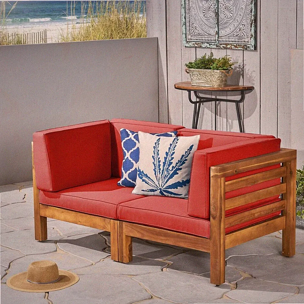 Outdoor 2-Piece Red Acacia Wood Loveseat Sofa with Water-Resistant Cushions