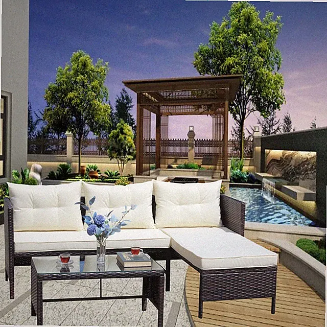 Outdoor 3 Piece Wicker Sectional Sofa Set with Cushions, Beige