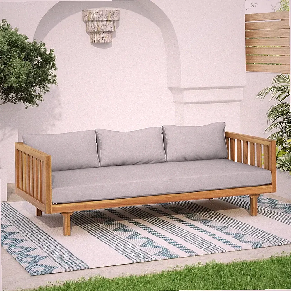 Outdoor 3 Seater Daybed, Acacia Wood Day Bed Couch Sofa with Cushions for Patio