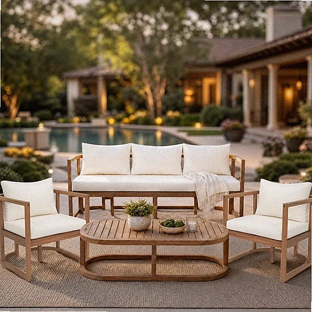 Outdoor 4-Pc Acacia Wood Patio Set w/ Sofa, 2 Armchairs & Coffee Table