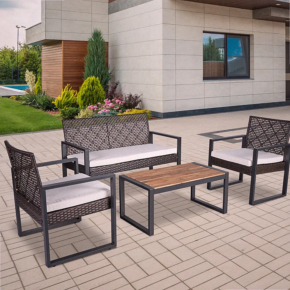 Outdoor 4-Piece Patio Sectional Set w/ Acacia Wood Table & Cushions