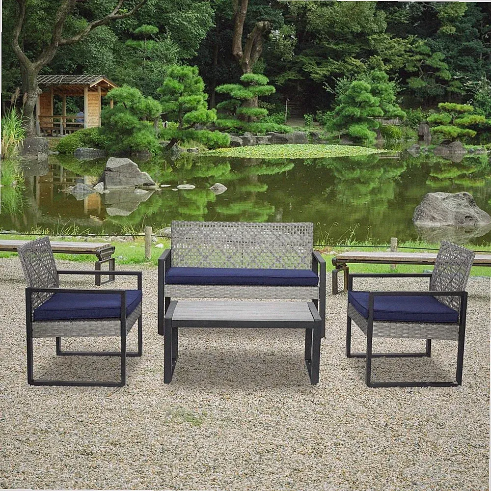 Outdoor 4-Piece Patio Sectional Set w/ Acacia Wood Table & Cushions