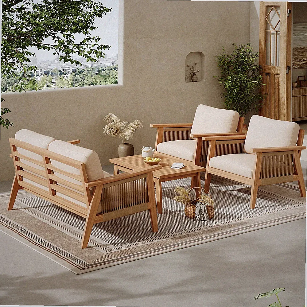 Outdoor 4pc Acacia Wood and Rope Sectional Patio Sofa Set