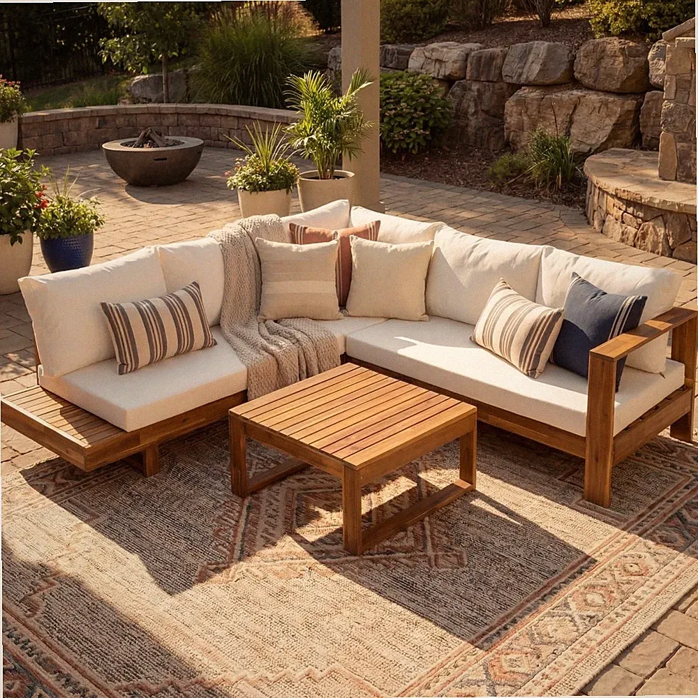 Outdoor 4pc Acacia Wood Sectional Patio Sofa Set