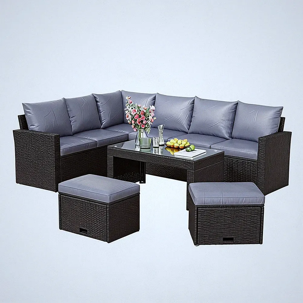 Outdoor 5-Piece Patio Sectional Sofa Set with Cushions All-Weather Rattan Wicker