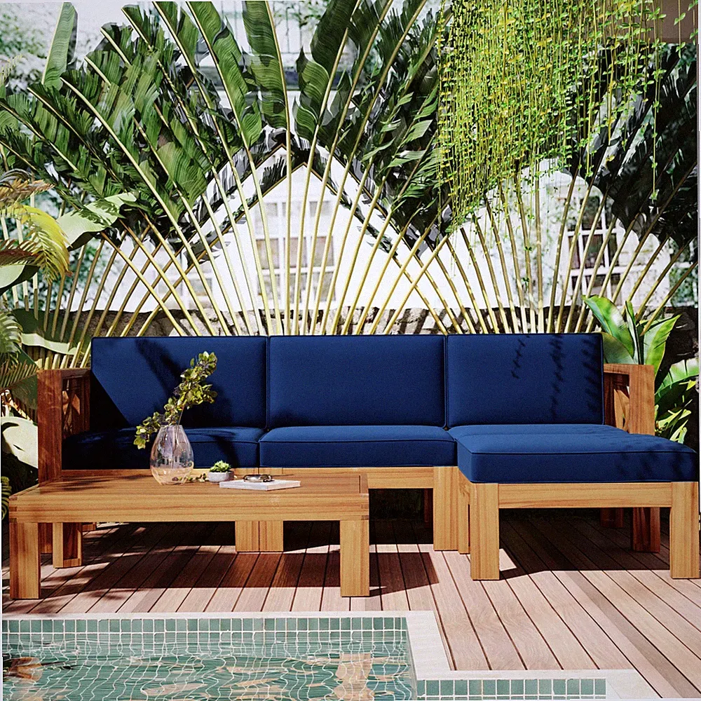 Outdoor 5-Piece Wood Sectional Sofa Set with Cushions, Natural Finish & Blue