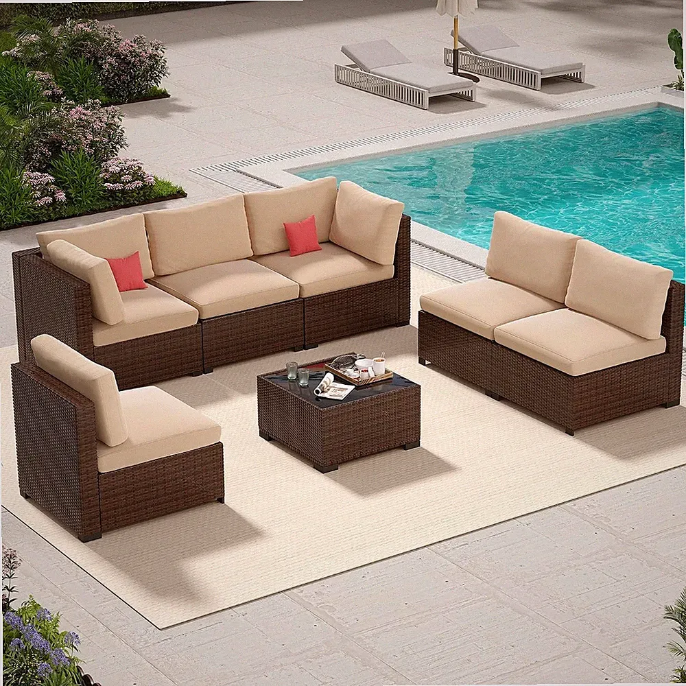 Outdoor 7 Piece All Weather Wicker Patio Sectional Sofa Furniture Set, Wicker
