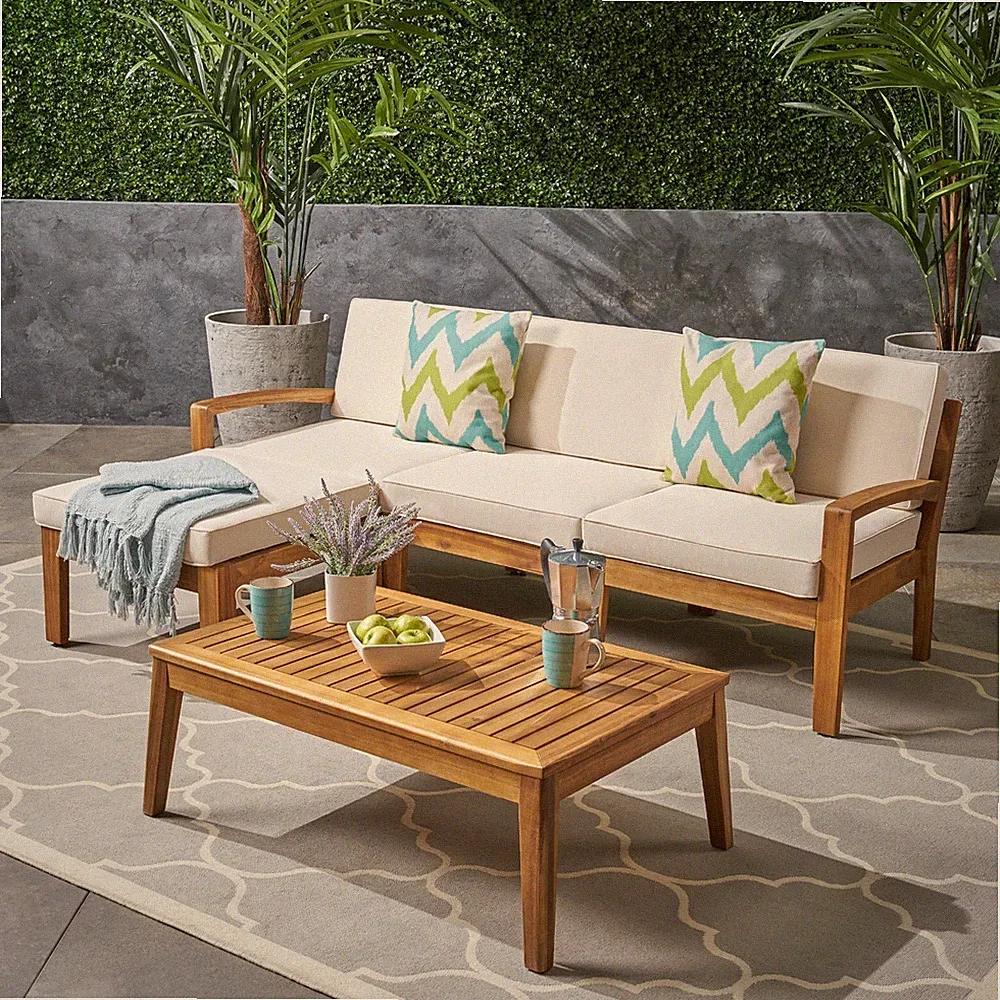 Outdoor Acacia Wood 3 Seater Sectional Sofa Set with Ottoman