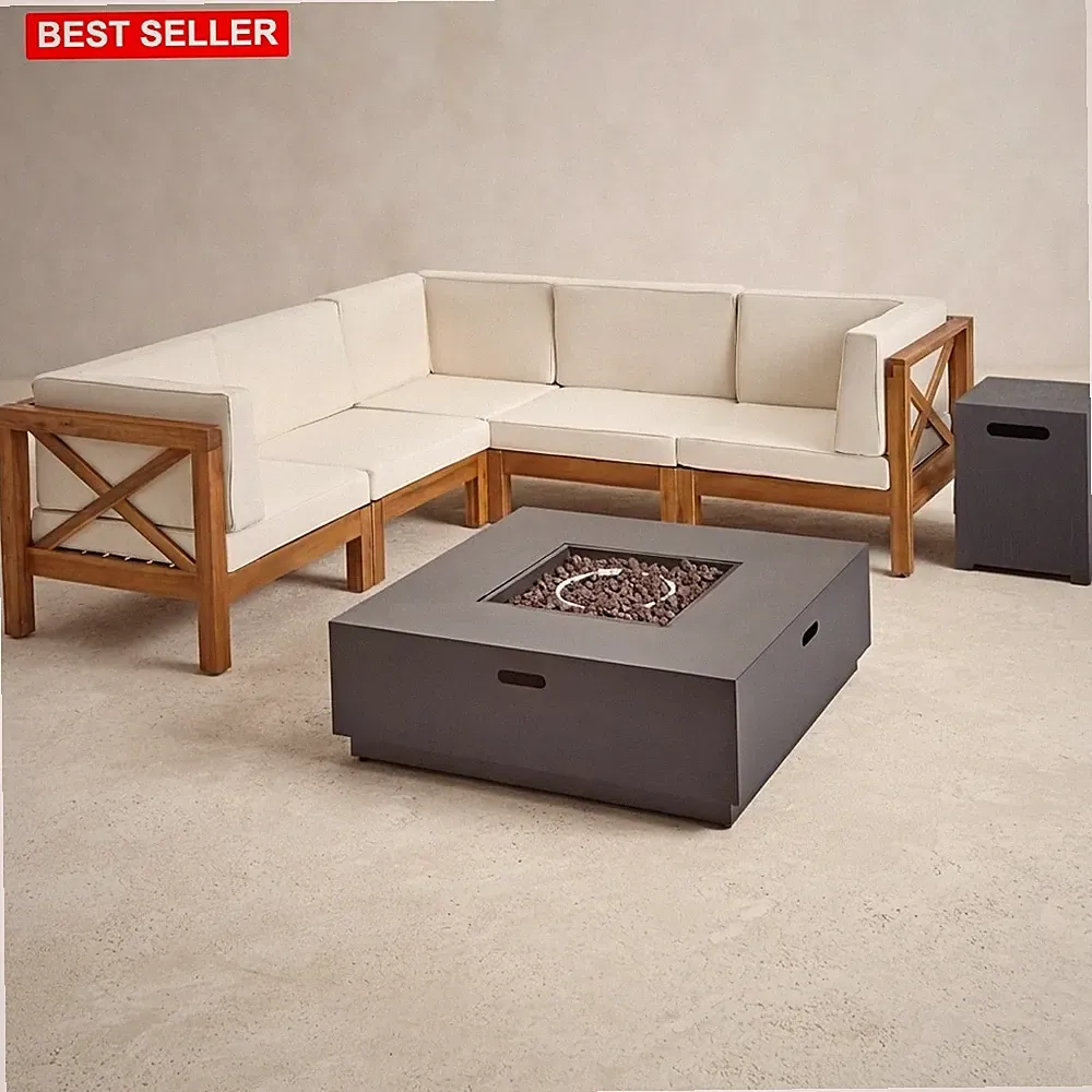 Outdoor Acacia Wood 5 Seater Sectional Sofa Set With Fire Pit Beige Brown