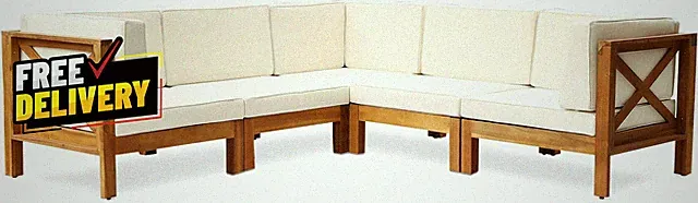 Outdoor Acacia Wood 5 Seater Sectional Sofa Set with Water-Resistant Cushions...