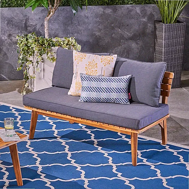 Outdoor Acacia Wood Slat Panel Loveseat with Cushions