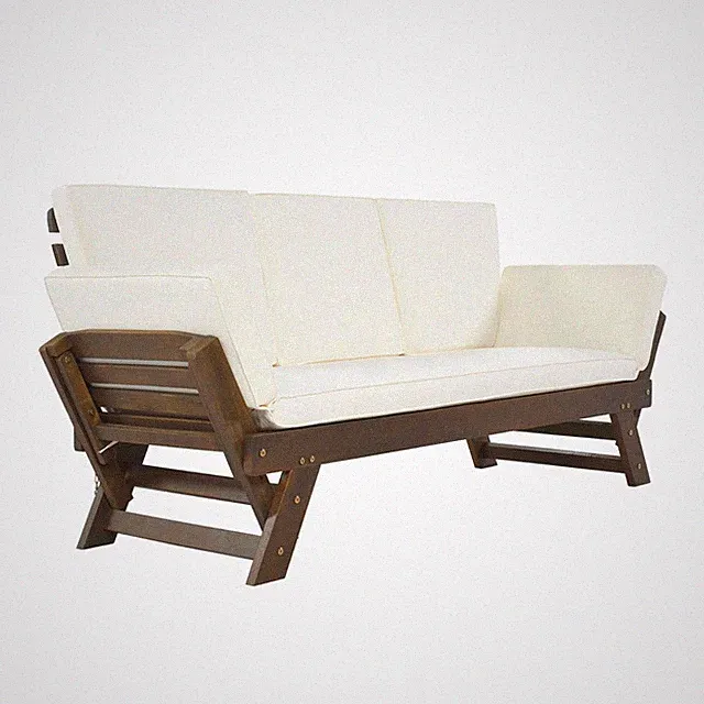 Outdoor Adjustable Patio Wooden Daybed Sofa Chaise Lounge with Cushions for