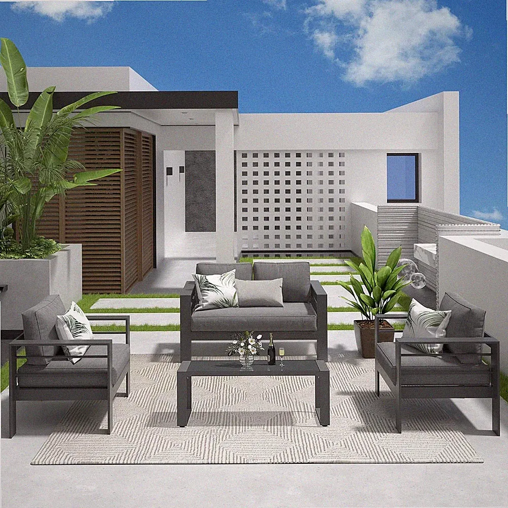 Outdoor Aluminum Furniture Set - 4 Pieces Patio Sectional Chat Sofa Conversation