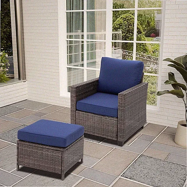 Outdoor Armchair Patio Sofa with Ottoman, 2 Piece Brown Wicker Lounge Chair with