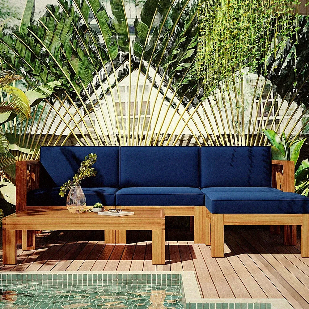 Outdoor Backyard Patio Wood 5-Piece Sectional Sofa Seating Group Set with Cushio
