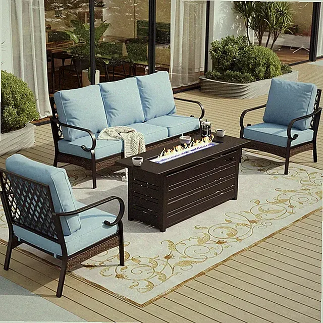 Outdoor Conversation Set with Fire Pit Table Patio Sofa Chair Furniture Set Blue