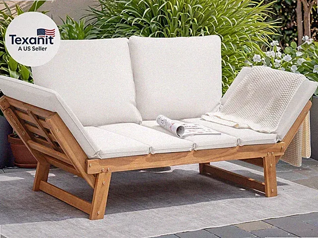 Outdoor Couch Acacia Wood Patio Couch with Adjustable Armrests, Outdoor Converti