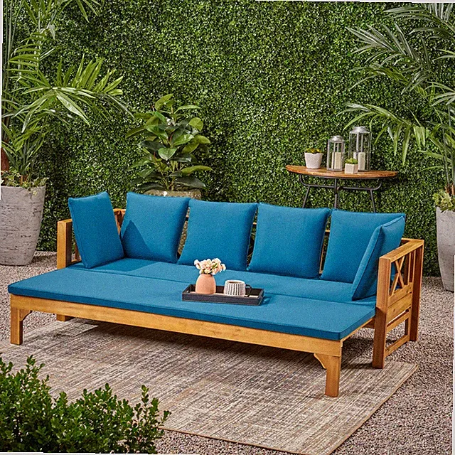 Outdoor Extendable Acacia Wood 3 Seater Sofa, Upholstered Cushion Couch, Daybed