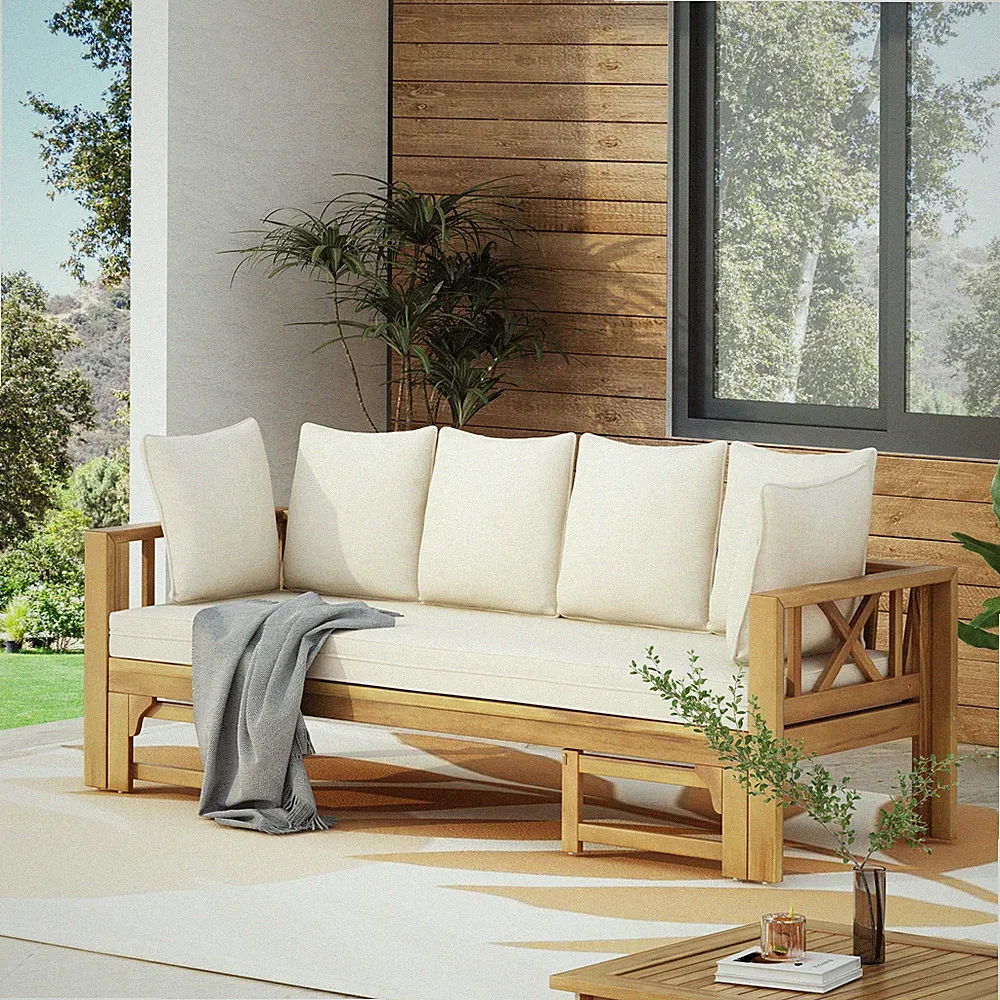 Outdoor Extendable Acacia Wood 3 Seater Sofa,Upholstered Cushion Couch,Daybed S