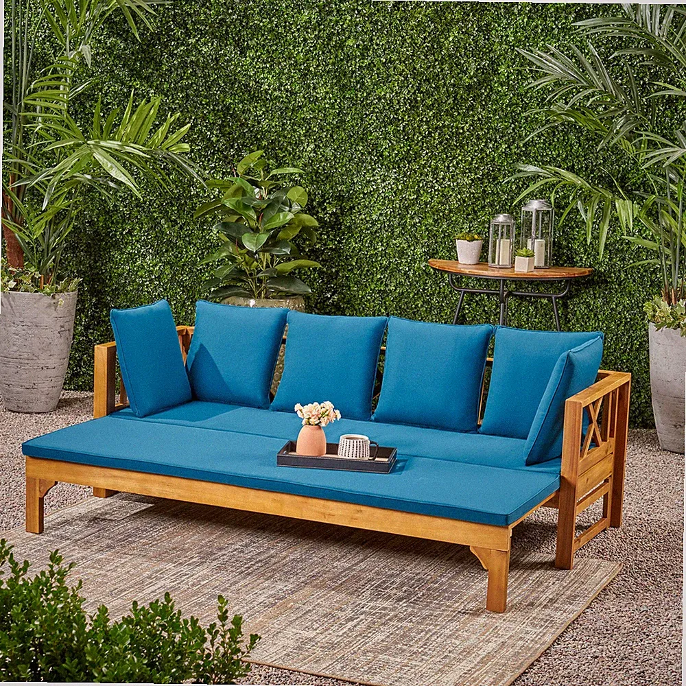 Outdoor Extendable Acacia Wood 3 Seater Sofa,Upholstered Cushion Couch,Daybed So