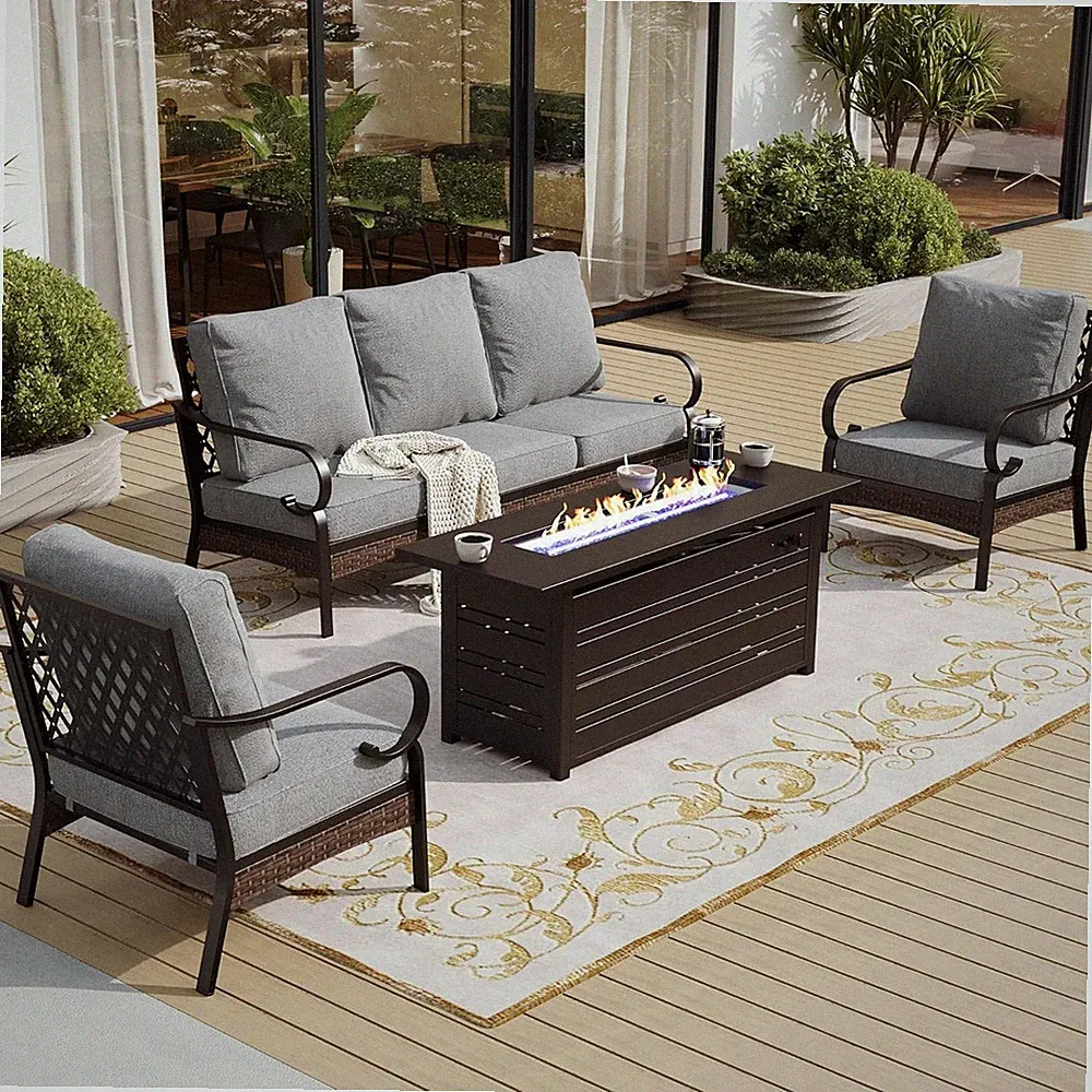 Outdoor Furniture Set Patio Sofa Chair Conversation Set with Fire Pit Table Gray
