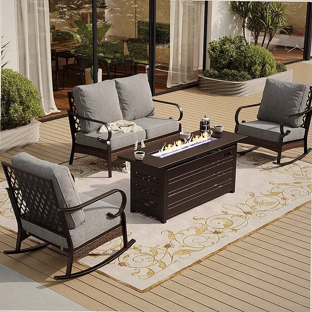 Outdoor Furniture Set with Fire Pit Table Patio Conversation Sofa Rock Chair Set