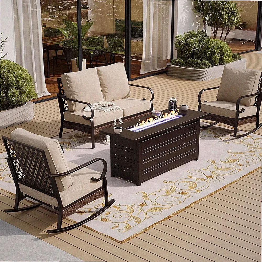 Outdoor Furniture Set with Fire Pit Table Patio Conversation Sofa Set Rock Chair