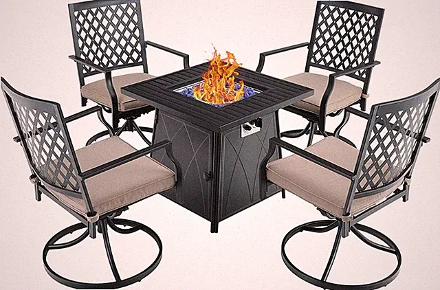 Outdoor Gas Fire Pit Table Set Swivel Dining Chairs with Cushion Patio Furniture
