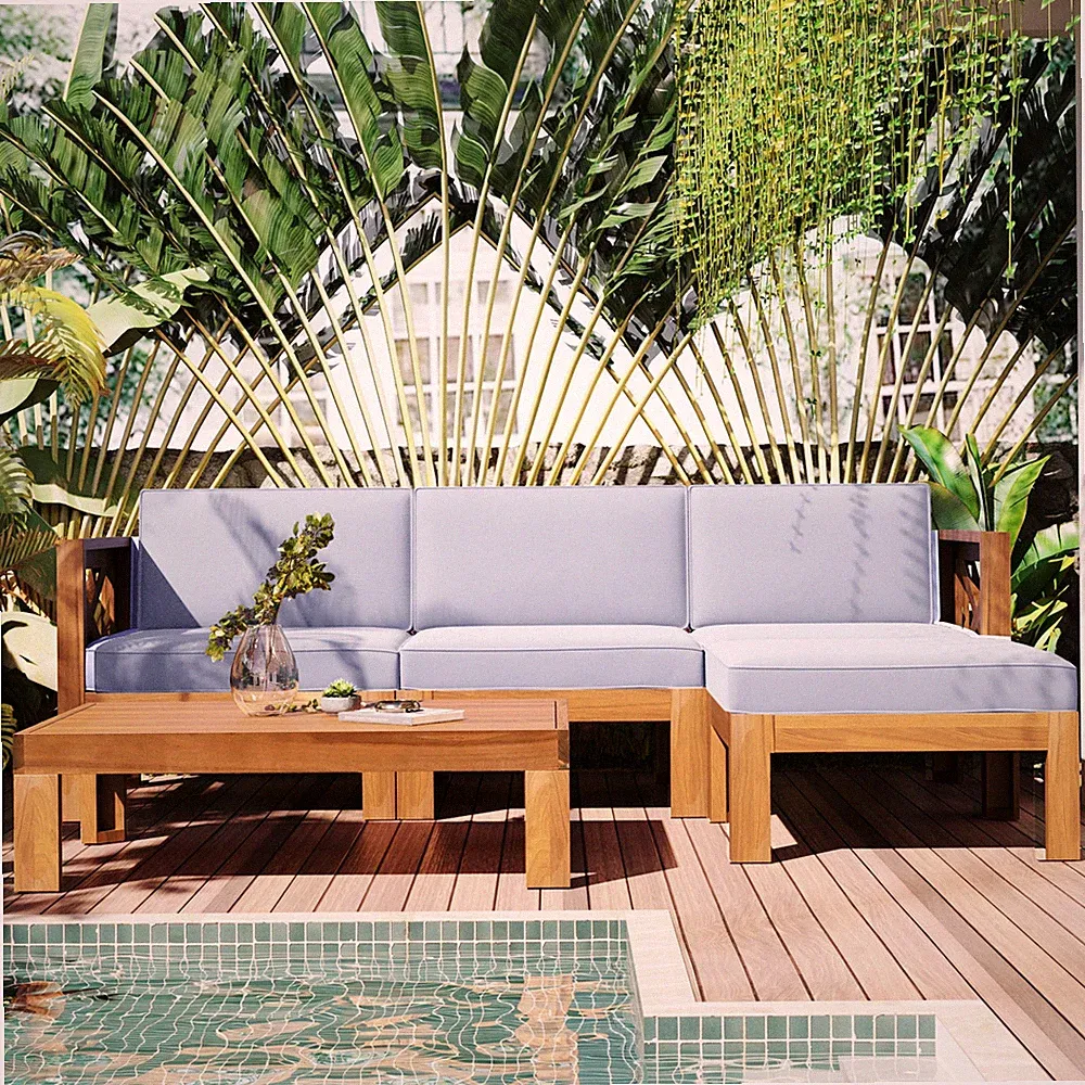 Outdoor Patio 5-Piece Acacia Wood Sectional Sofa Set with Gray Cushions L-Shaped