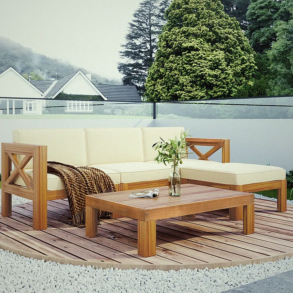 Outdoor Patio 5-Piece Sectional Sofa Set Acacia Wood with Beige Cushions